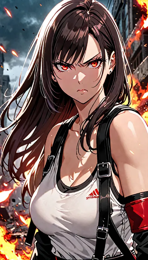 Tifa Lockhart。beautiful。Red Eye。He is glaring at me.。strong。Confident。