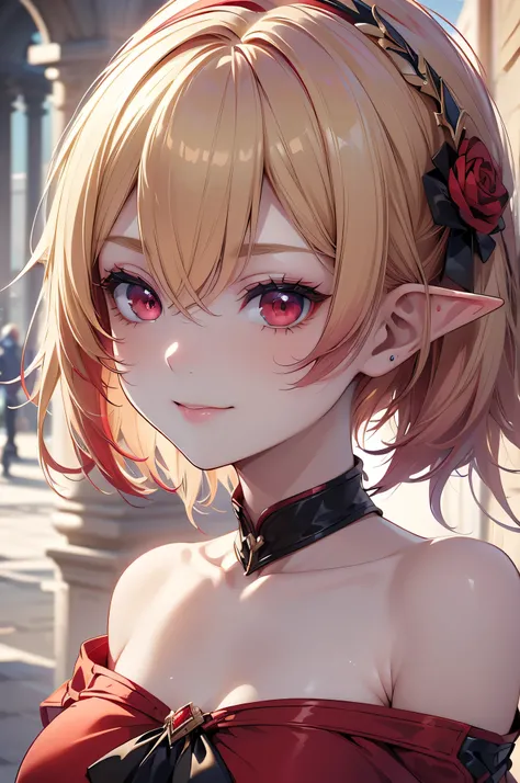 absurdres, (8k, RAW photo, best quality), masterpiece, hyper detailed, perfection, best quality, photo-realistic, (((1girl:1.2, blond girl))), (((solo:1.2))), elf, elf ears, (((shortcut hair))), (((burgundy hair ends))),  (((scarlet red eyes))), (slanted r...