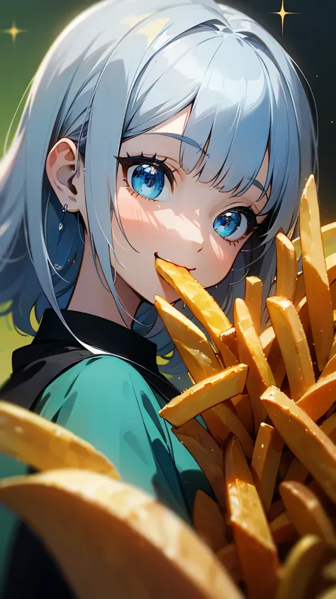 16-year-old girl、Anime style painting、Upper body close-up、smile、From the side, impression, (Oil), Green and orange tones、Silver Hair, (Sparkling blue eyes)、Eating French Fries