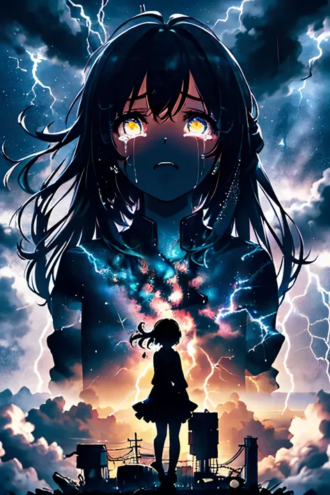 masterpiece, best quality, 1girl, solo, (silhouette:1.3), glowing eyes, tears, rain, lightning, star (sky)