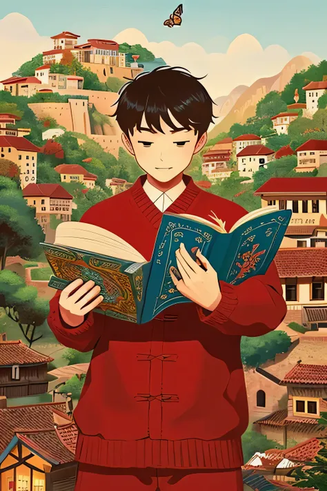 Symmetrical composition,with characters in the middle,Chinese image,front,holding an open book in hand,butterfly and decorative items and lines flying out of the book,1boy,wearing red sweater,background with countryside and mountains,village,flat illustrat...