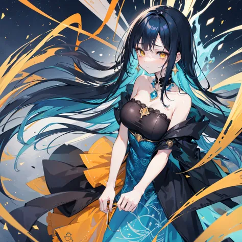 Anime girl with medium length black and blue hair. , and has orange-yellow eyes , Crying while going to a luxurious hotel , clothing , Wear blue diamond earrings. , Wear a sea-pattern dress