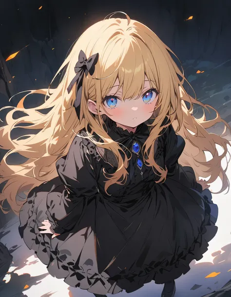 (Very detailed 、 8k wallpaper,masterpiece, highest quality, Very detailed),(Best lighting, Best Shadow, Very delicate and beautiful),floating,High saturation,Blonde+blue eyes:1.2,Gloomy Gothic Landscape, Long Hair, Gazing into the distance. (Beautiful girl...