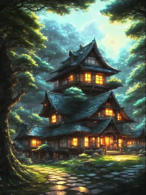 Anime Scenery of a house in the middle of a forest, Digital art inspired by Andreas Rocha, Pixiv, Fantasy art, Anime Background art, night village backgrounds, Anime Background, Anime countryside landscape, anime landscape wallpapers, Anime Scenery, beauti...