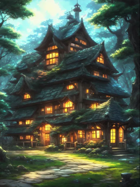 Anime Scenery of a house in the middle of a forest, Digital art inspired by Andreas Rocha, Pixiv, Fantasy art, Anime Background art, night village backgrounds, Anime Background, Anime countryside landscape, anime landscape wallpapers, Anime Scenery, beauti...