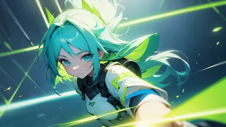 1 girl, beatiful yeas, green yeas, blue hair, lighting particles