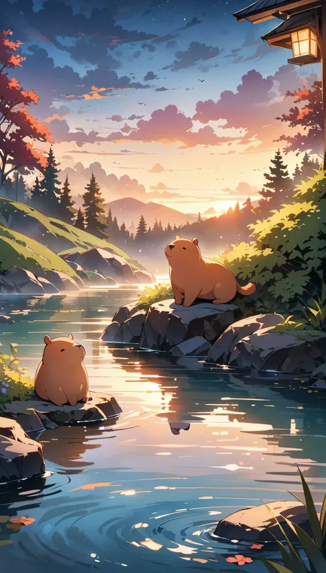 ((Hot springs with capybaras))、1 capybara:1.2、Cozy atmosphere、Rising steam、Lush vegetation、Relaxing bath、Calm colors、Ripples on a calm water surface、Calm atmosphere tranquility、A faint mist in the air、A sense of harmony and serenity、A delightful encounter ...