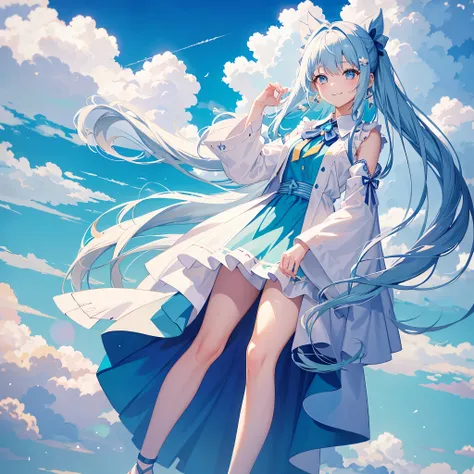 Alone anime girl , My hair is very long, tied hair in horsetail in left side, White-blue hair, Sky patterns clothes, Accesories, Cloud earrings, Short Skirt, Sky high background, High heel shoes with bows, Smile warmly, Soft, Magical