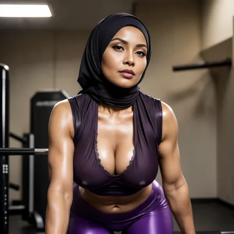 1 woman, 52 years old, ((Sugar Mama)), ((Beauty in Hijab, Indonesian Mature woman)), ((Sensual Violet lips tinted and glossy)), wet oily tanned skin, ((Droopiest Massive Large Tits, remarkably measuring 196 inches)), in a tank top, fitness pants, ((Nailing...