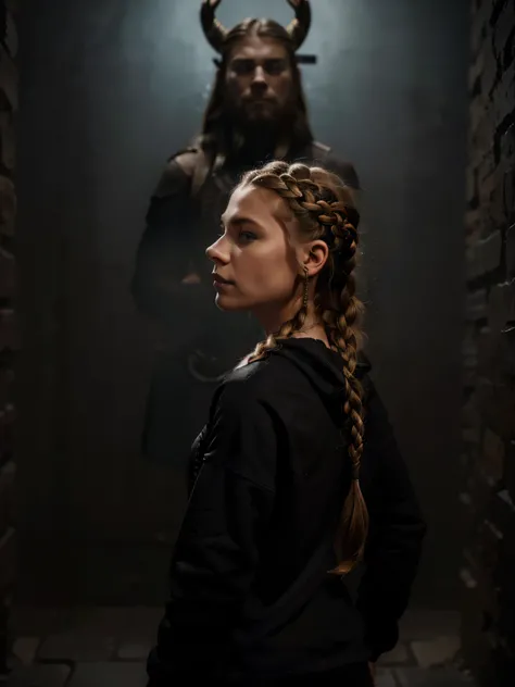 (((portrait from the backside))), skinny woman, 22yo, nordic look, ((viking braid)), (black hoody with the head of thor), black wall in background, mystic dark atmosphere, little light