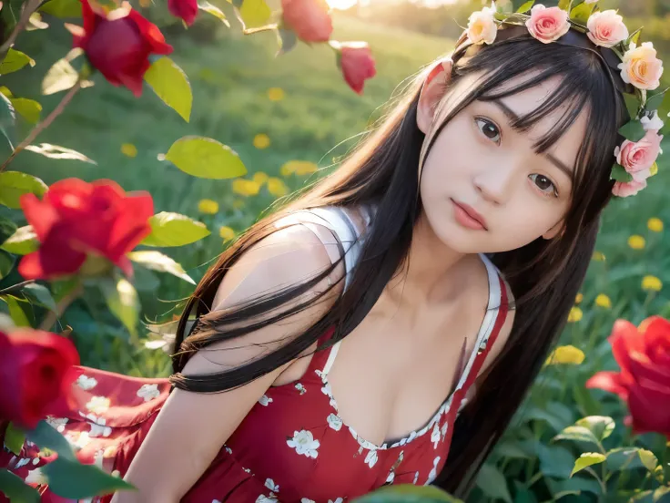 Because I&#39;m Slim, 15 years old, Rays of light at dusk, rose print slip dress, Flower Crown, (((Tokugawaen)), rose front Bokeh, Bokeh, photoRealistic, Surrounded by red roses, Dark Background, smile, (1 girl), (sunset: 1.3), (8k, RAW Photos, highest qua...