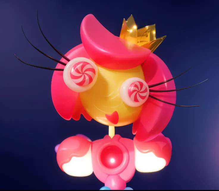 Generate a realistic image of a Candy Princess: shes pink, crafted entirely from candies and lollipops. She wears a lavish dress resembling a cake, with glossy, high-quality textures. Her head is also candy-like, with eyes resembling candies. Emphasize the...