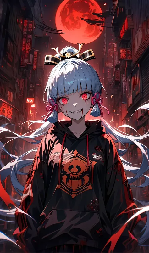 Kamisato Ayaka, danger ,solo,crazy evil smile,villain,blood,wearing street wear, night city,sad,highly detailed eyes, highly detailed face, highly detailed background,look at viewer,red moon background