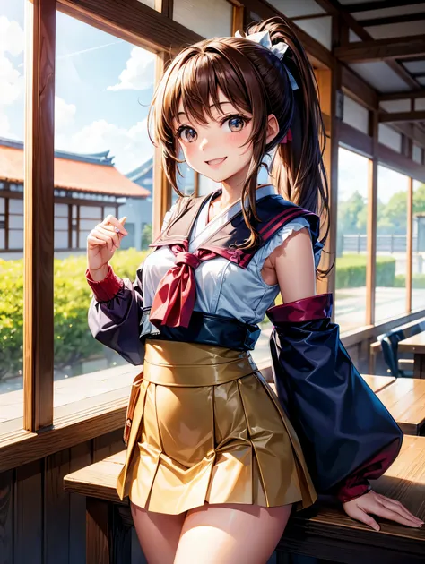 highest quality,Best Image,Japanese,Small breasts,Brown hair long,Elementary school girl,Beautiful girl,smile,No sleeve,mini skirt,ponytail