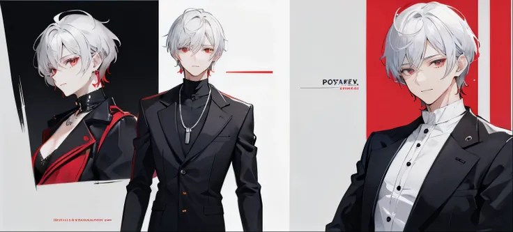 High resolution, 2D Anime Style,,Cool guy,Mature look,,20th Generation,Short Hair,Silver Hair,Red eyes,Beautiful watch,Beautiful earrings,beautiful necklace,Dark Fashion,He is smiling a little,whole body,walking