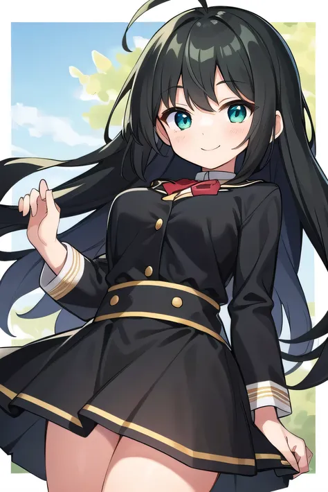 Junior high school student who looks like an elementary school student, 14 years old, very short, 140 cm tall, black hair with a slight green tinge, short ahoge, beautiful long hair but with a little hair sticking out, beautiful round eyes, blue eyes, smil...