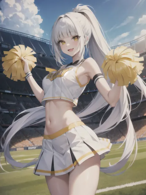 //Character,
Cheerleader, dancing, Very bright smile, Age 25, Mature woman, ((Narrow eyes, Bright Eyes)), (VERY long straight hair, white hair, soft hair, blunt bangs, beautiful detailed yellow eyes, red Eyeliner:1.2, shiny happy smile, beautiful fang, (nu...