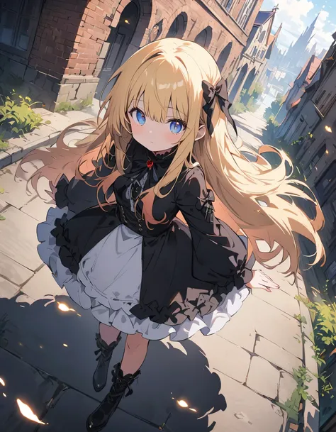 (Very detailed 、 8k wallpaper,masterpiece, highest quality, Very detailed),(Best lighting, Best Shadow, Very delicate and beautiful),floating,High saturation,Blonde+blue eyes:1.2,Gloomy Gothic Landscape, Long Hair, Gazing into the distance. (Beautiful girl...