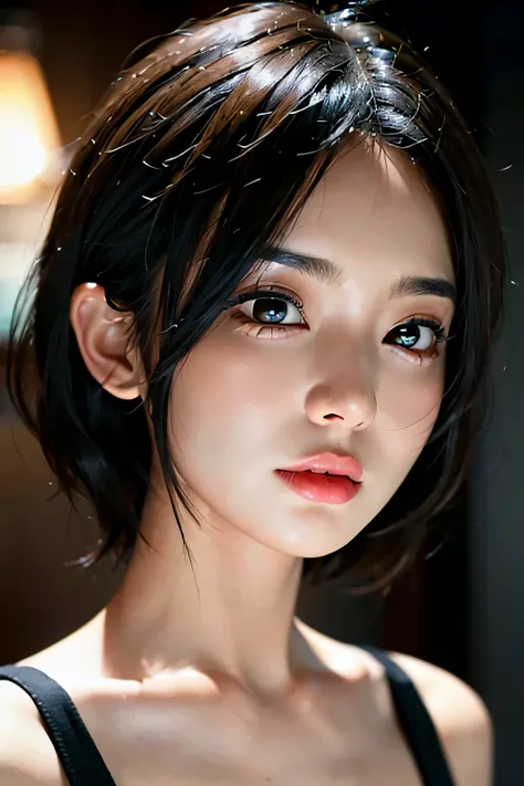 (Masseter film:1.3)、(8k、Photorealistic、Original Photography、Top quality: 1.4)、(1 Girl)、Beautiful face、(Lifelike face)、(black haired、short hair:1.3)、Beautiful hairstyle、Big wavy hair、Realistic eyes、Beautiful details、（Real skin）、Beautiful Skin、（sweater）、absu...