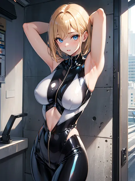 8k、Shiny latex suit、(((Transparent latex suit)))、(((Transparent latex suit)))、Short blonde hair with arms behind head、Beautiful woman with blue eyes、Latex suit that shows off your body line beautifully、Upper body only