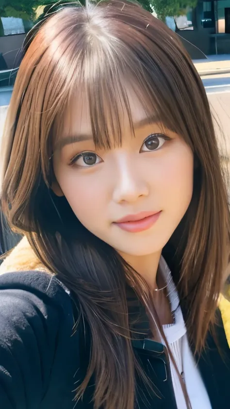 Best quality, 8k,  ,Masterpiece :1.3)), facing viewer,((full body1.2)) ,pretty woman, wide shot ,1girl, , selfie   , , Bus Stop,, brown hair  , bangs,ultra-detailed face, highly detailed lips, detailed eyes, double eyelid