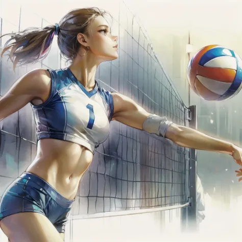 high quality,HD,16k,sharp lines,1 girl,Female volleyball athlete ,cute face, large breasts, nice legs,At the volleyball venue,focus girl,detailed beautiful face,detailed clothes,beautiful eyes,cool,dynamic angle