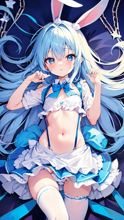 dakimakura style,hyper cutest shota,
light blue hair,loose long hair,rabbit shotas,(Reliable blue suspenders for hanging frilly miniskirts),(bare navel and stomach),School festival, bunny ear waitress,full body,