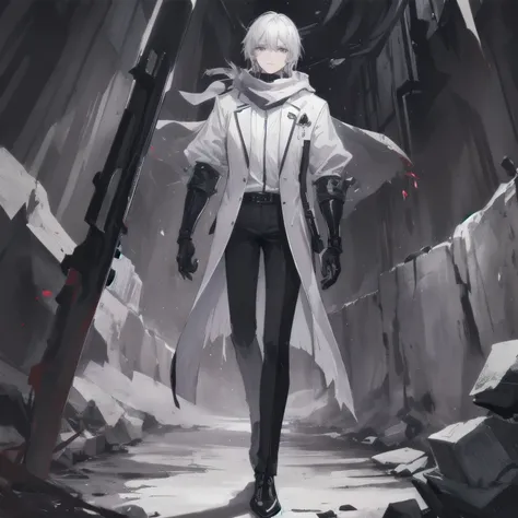 Man with silver hair, look handsome, white adventure cloth torn, black scarf, long black pants, purple eyes, blood on his clothes, standing alone in a dark cave, holding a sword in both hands.