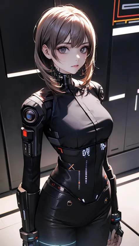 ((highest quality)), ((masterpiece)), (Attention to detail:1.3), 3D, Beautiful poop (cyber punk:1.3) Hair Color、Hacker woman in black clothes looking at camera、focused on the chest、Bright lighting,