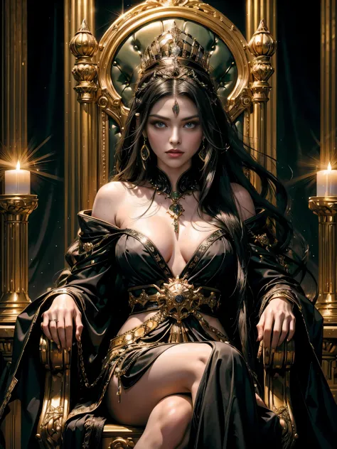 beautiful black long hair green eyes black lips queen with a crown on her head sitting on a throne in the throne room photorealistic realistic cinematic highest definition extremely intricate details full - body shot