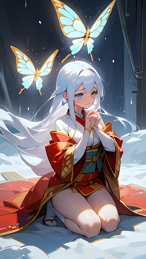 19 years old young girl, short height (155 cm), long snow white hair, icy blue eyes, busty figure (D-cup), wears traditional red and gold kimono with Oda clan crest on sleeves, golden butterfly hairpin, kneeling in snowstorm, crying, pained expression 