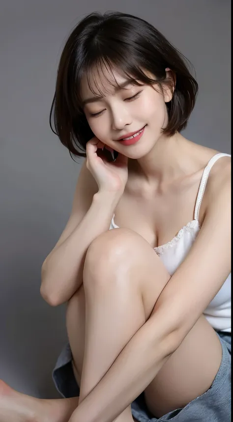 Very beautiful and angelic cute girl, beautiful and detailed eyes, dense double eyelids, (closed eyes kissing face: 1.3), long eyelashes, see-through bangs, (beautiful detailed face and eyes: 1.4), small nose , small mouth, beautiful short bob hair, happy ...