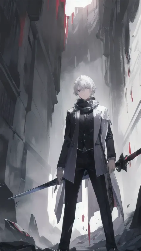 Man with silver hair, look handsome, white adventure cloth torn, black scarf, long black pants, purple eyes, blood on his clothes, standing alone in a dark cave, holding a 2 sword in hands.