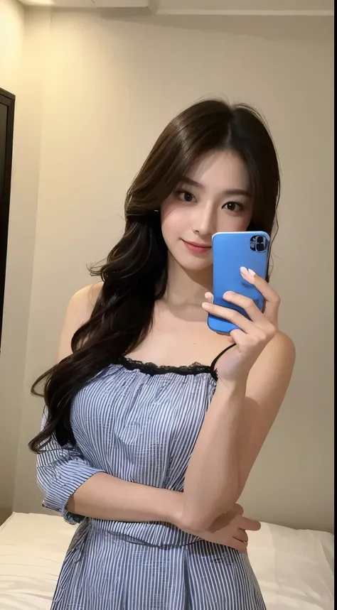 - Top quality, Asian woman in mirror reflection, long black hair, holding smartphone for selfie, wearing stylish camisole, soft indoor lighting
- Best quality, young Japanese woman, medium length wavy hair, using smartphone to take mirror selfie, in lace t...