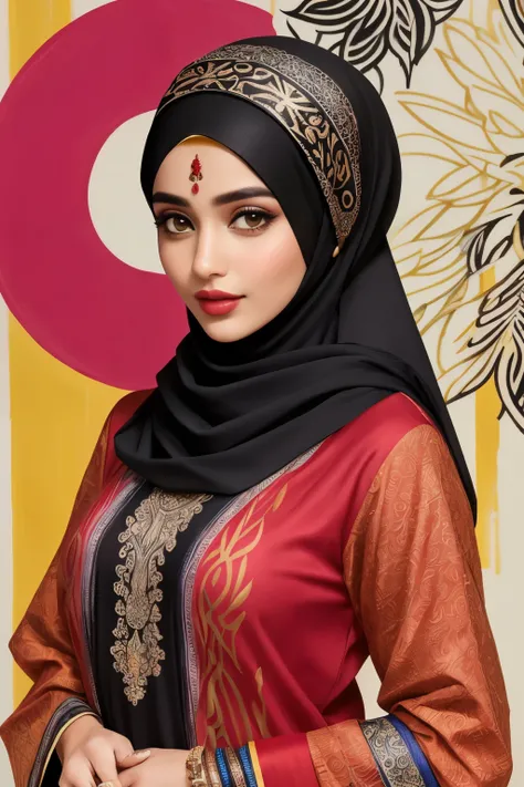 depict a clothing design entitled DIJAHITAUL with abstract motifs and bright colors with a hijab.((best quality)), ((masterpiece)), (detailed), perfect face