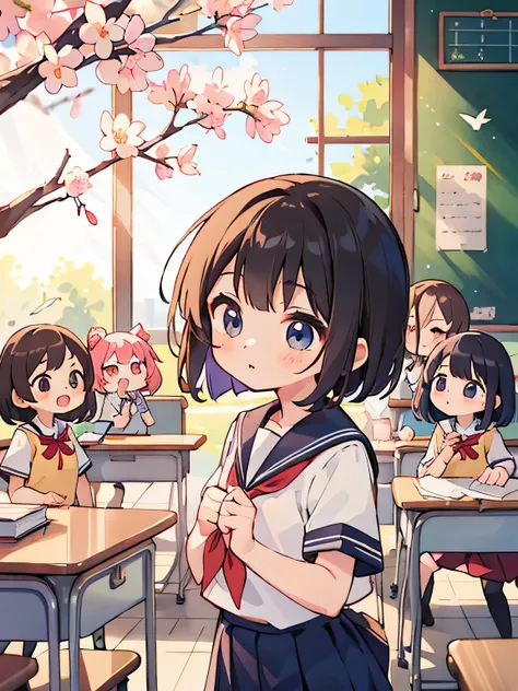 Momoko Sakura style, Kawaii Design, (((many people)))、most beautiful girl ever、Chibi, Colorful bob hair、((Lots of friends))、(((school uniform)))、classroom