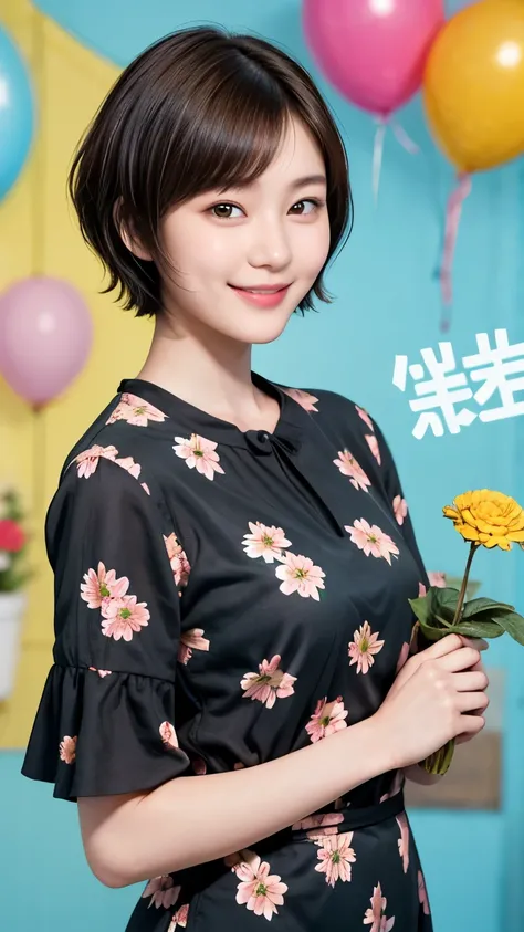 215 Short Hair, 20-year-old woman, A kind smile, Floral