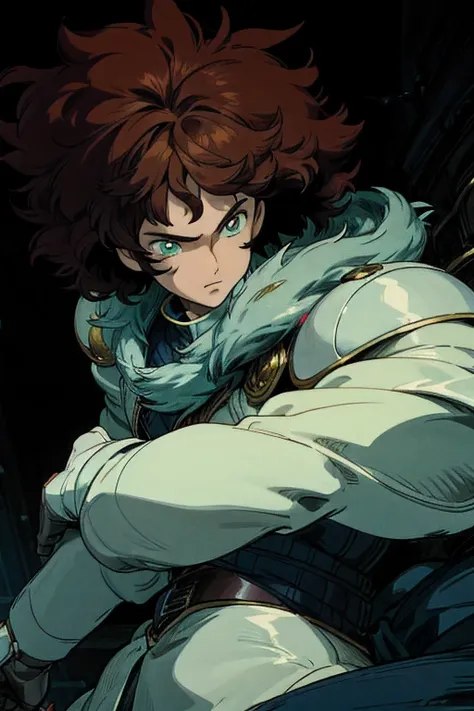 male, teen, close up, dynamic pose, puffy hair, knight, brown hair, aqua glowing eyes, one-fourth view