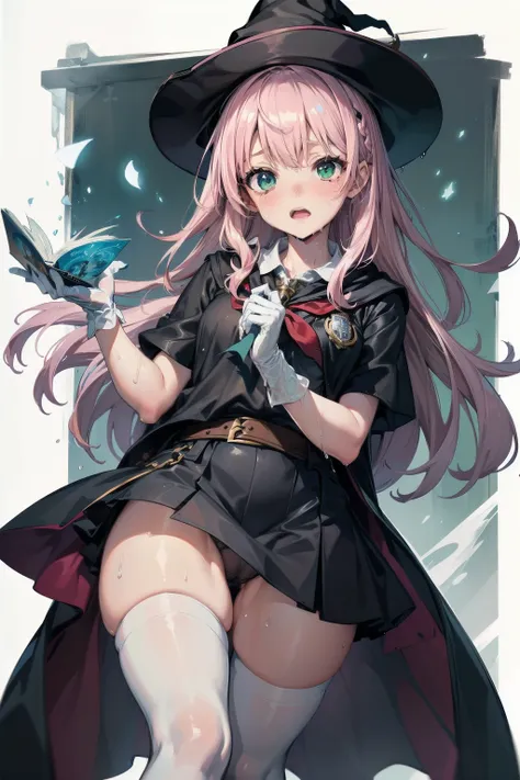 1 woman, alone,Wizard, Wizard cap,transparent white ware, ((흰색 투명 Wizard옷 , zettai ryouiki)),((wet clothes)) white gloves, pink hair, long hair,green eyes, droopy eyes, cry,pain, sedentary, plump body, panties exposed, ((Hogwarts School of Witchcraft and W...