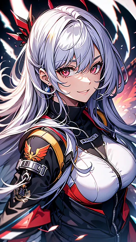 最high quality、Best image quality、masterpiece、girl((18-year-old、 By becoming、Best Bust、Medium Bust,Wide open breast tea、Red glowing eyes,Silver Hair、Disheveled Hair、Long Hair、thin,The highest valley、Beautiful valley、White wristband、smile、hair ornamentany ac...