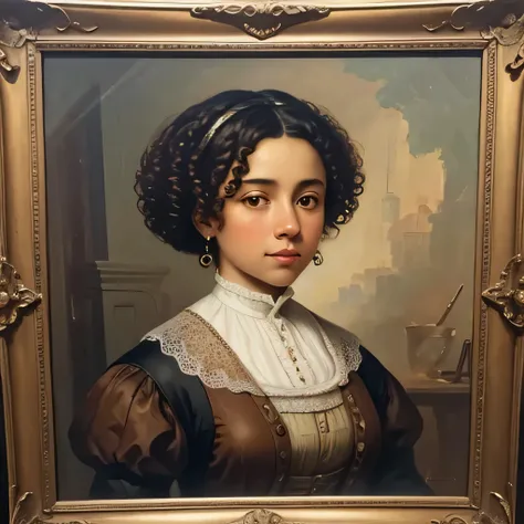 Oil painting of 19th century american woman, 16th century oil painting portrait, biracial woman, Brown skin, curly hair, oil painting filter, aristocratic clothes