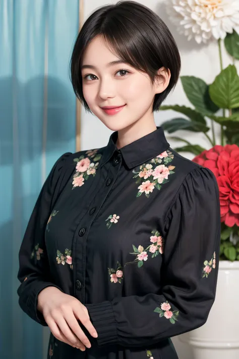 215 Short Hair, 20-year-old woman, A kind smile, Floral