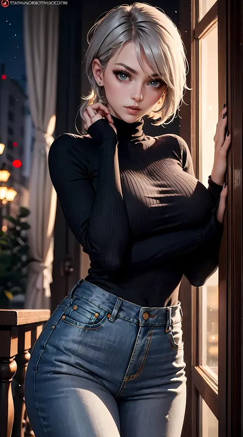 beautiful gray hair woman is shown to have a slender figure, she is wearing a nsfw turtleneck sweater and sexy jeans, sexy look,...