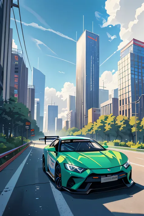 Super bright and modern metallic-vermillion racing car is running on the expressway,
City of high transportation technology complex, skyscrapers , and towers,
Good green environmental atmosphere,
Morning sunlight with blue sky and white cloud