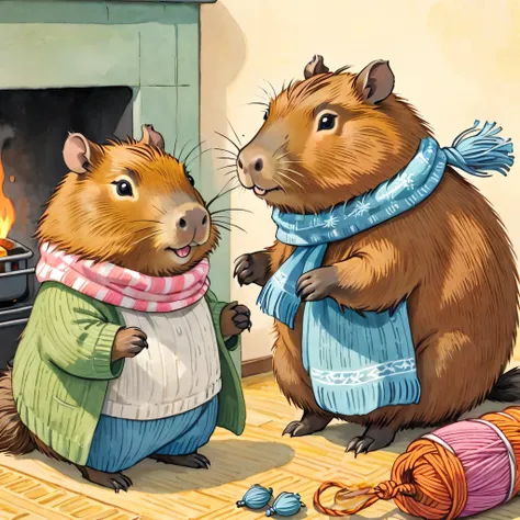 cutean illustration,capybara house,capybara&#39;s parents and children:animal:cute:knitting time:looks happy,an illustration,pop...