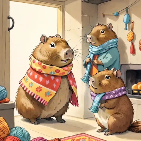 cutean illustration,capybara house,capybara&#39;s parents and children:animal:cute:knitting time:looks happy,an illustration,pop...