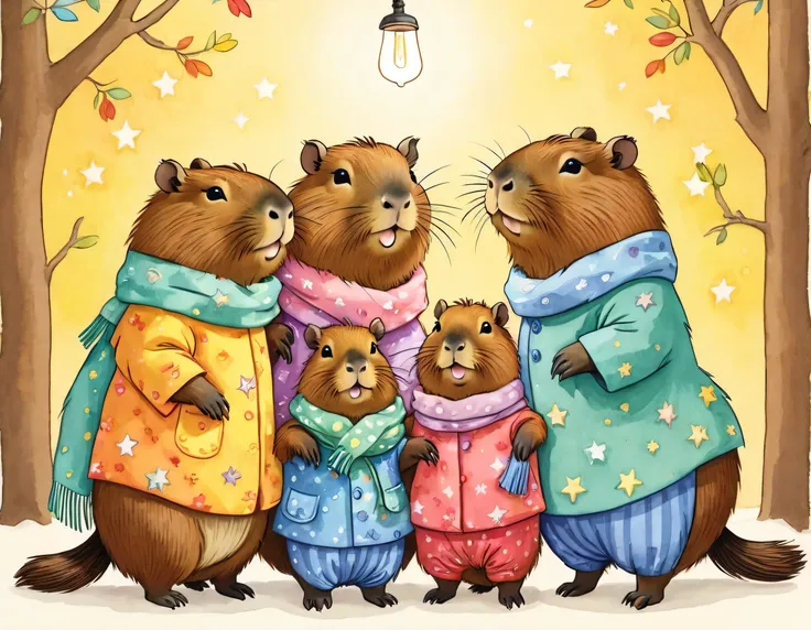 cutean illustrationカピバラの家,capybara family:animal:hibernating:cute:nestle:sleep:comfortable and warm:looks happy,an illustration,...