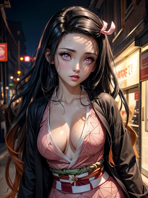 a girl, nezuko kamado, wearing yukata, cleavage, erotic, nsfw dynamic pose, street in the background, night, rains, wet:1.3, wet...