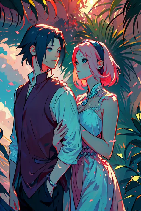 Sasusaku The couple in the photo is deeply in love and lost in the moment.. Sasuke, El hombre es alto y guapo., westeh chiselled features and piercing black eyes. Has a confident and charismatic demeanor., And his love for the woman is evident in the way h...