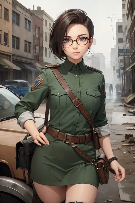 a pretty girl messenger, wearing large glasses, undercut hair, wearing postal uniform, in a post-apocalyptic world